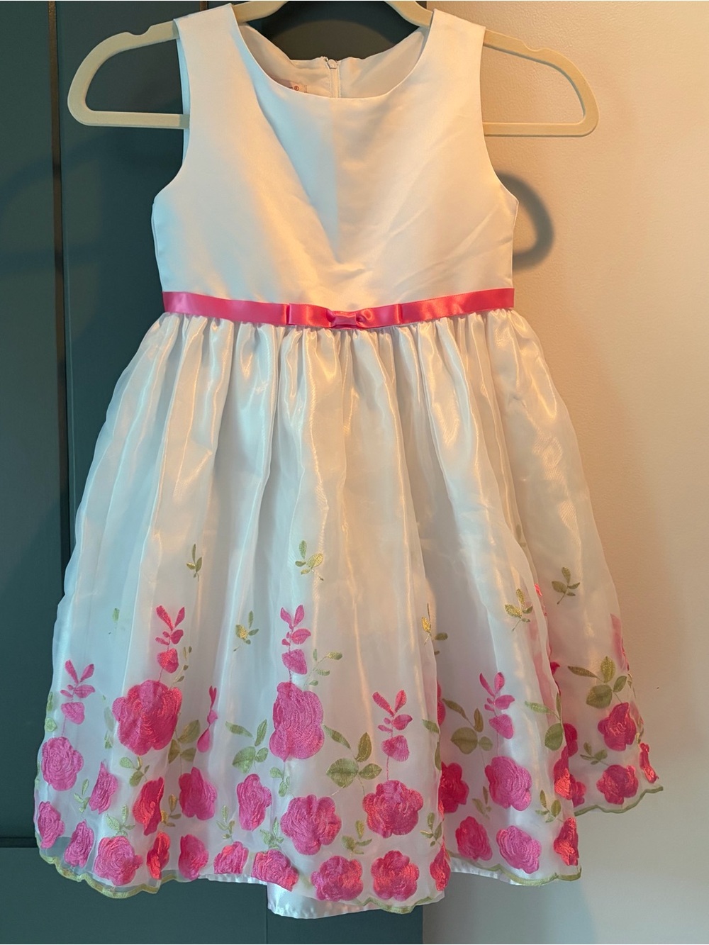 White & Pink Floral Embroidered Girls' Party Dress